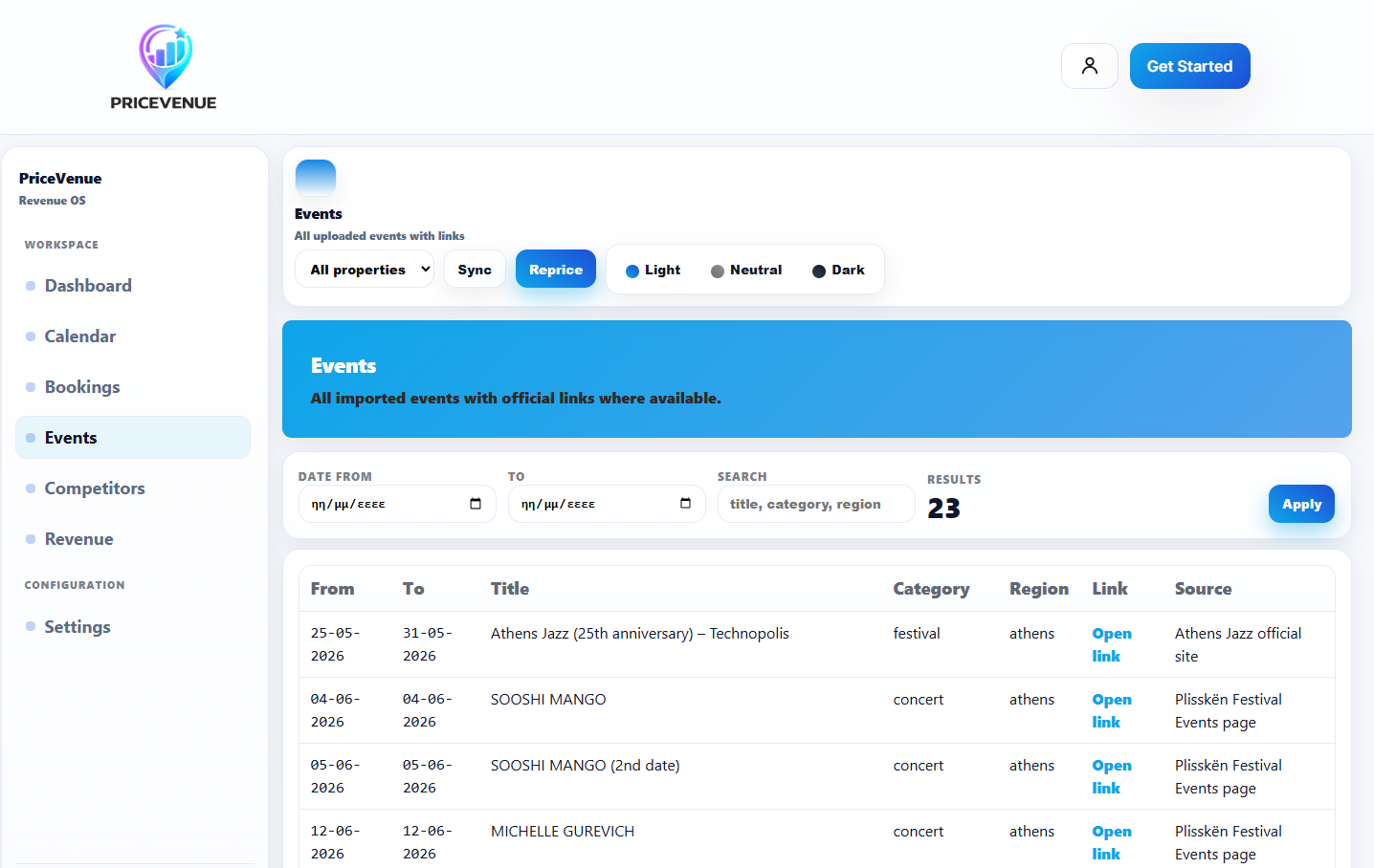 PriceVenue Events Intelligence